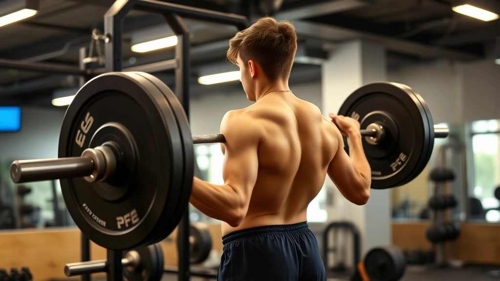 Focused teenage football player performing deadlift with controlled form in well-equipped gym, demonstrating posterior chain strength and proper spinal alignment