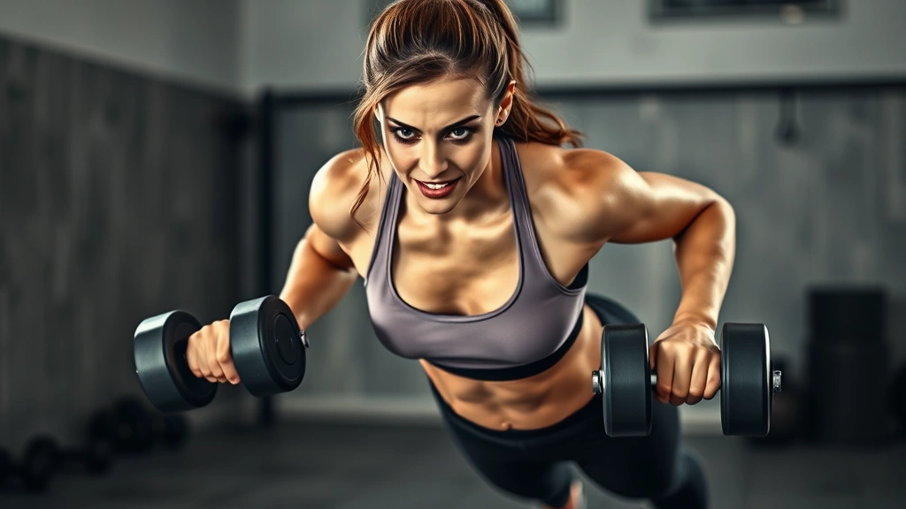 Athletic woman performing high-intensity burpee exercise in modern gym with dumbbells, mid-movement, intense facial expression, professional lighting, sweat visible, concrete floor background