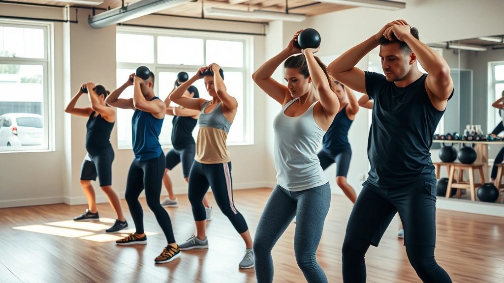 Group fitness class performing kettlebell swings in circuit training format, multiple athletes mid-swing, energy and motion captured, bright gym studio, wooden floor, synchronized movement