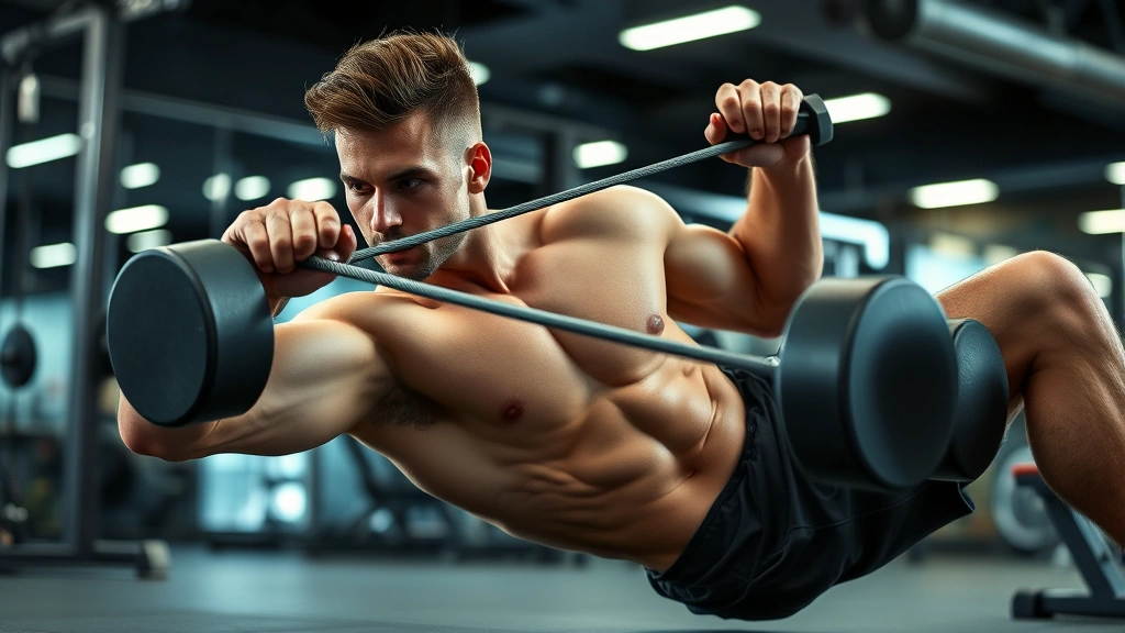Athletic male performing weighted cable crunches with focus on core contraction, gym setting with professional lighting, muscular definition visible, intense concentration