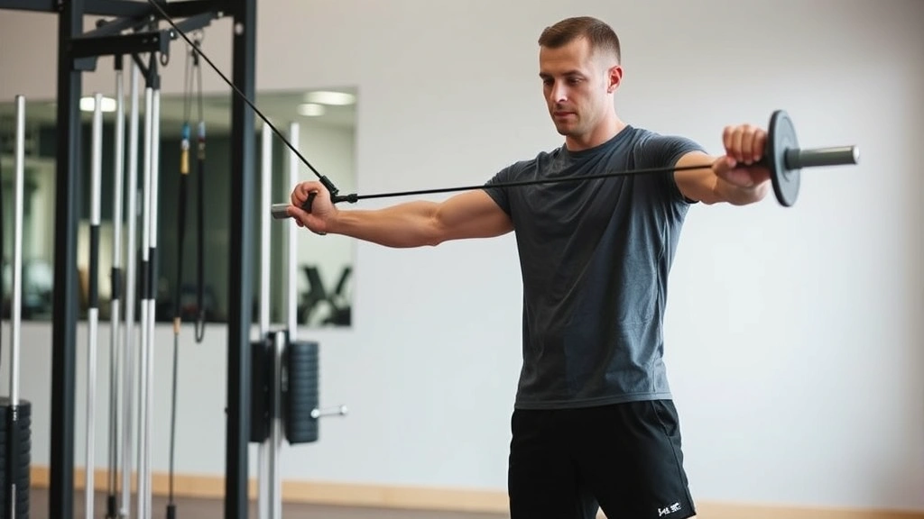 Fitness trainer demonstrating Pallof press exercise with cable machine, rotational core movement, athletic stance, studio gym background, professional form emphasis