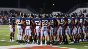 High school football team huddled together on sideline during intense playoff game, players in defensive stance showing focus and determination, stadium lights visible in background