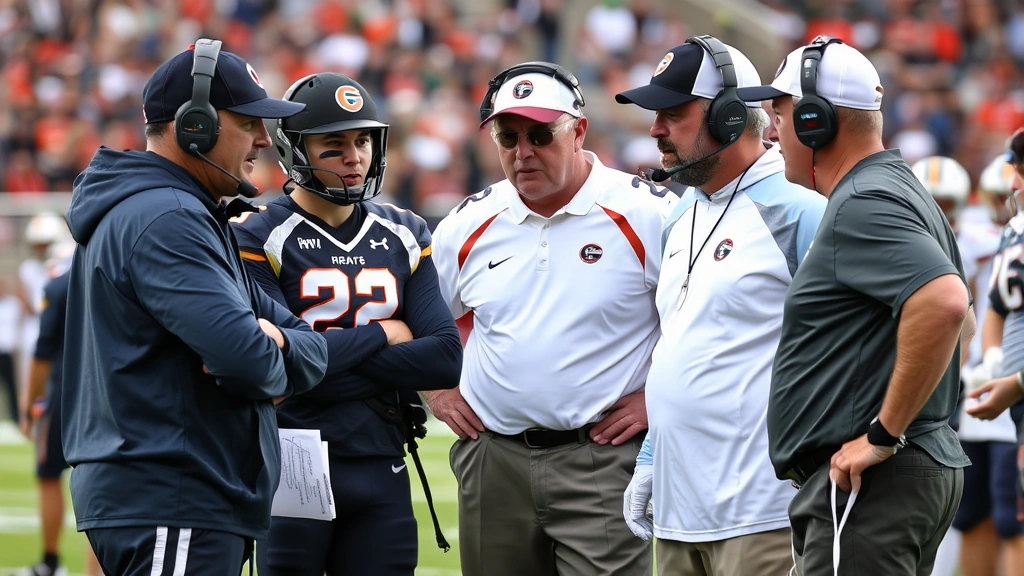 Team captains and coaches discussing strategy on sideline during playoff game, analyzing plays with intensity, showing leadership and tactical preparation in competitive environment