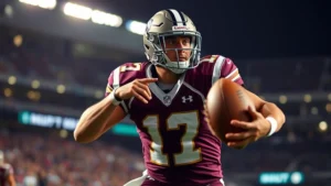 Professional football player in stadium uniform making a decisive play, intense focus, stadium lights in background, action shot capturing athletic excellence and competitive spirit