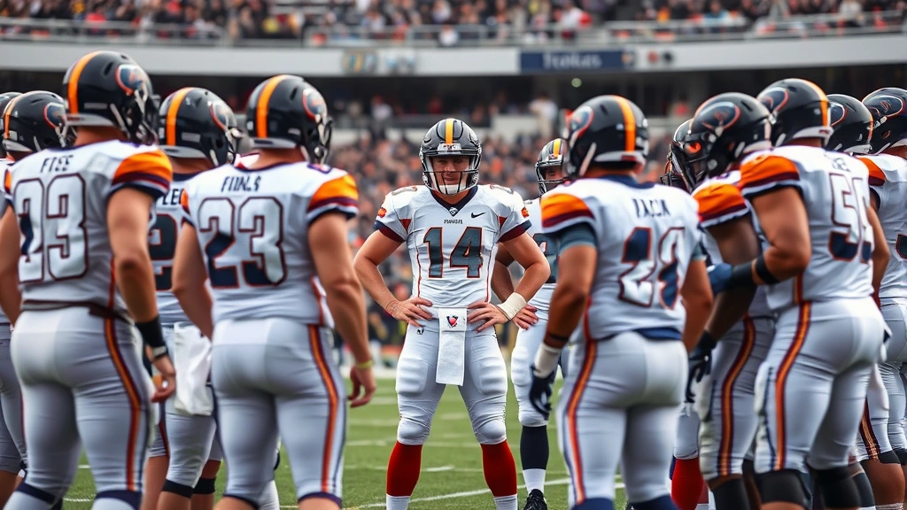 Football team huddle with quarterback calling plays to teammates, intense communication and coordination, professional stadium setting, unified team strategy in action