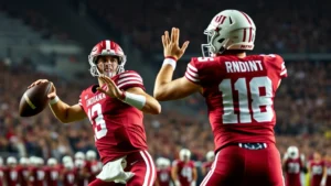 Two college football quarterbacks in game action, one wearing crimson Indiana uniform dropping back for pass, intense stadium atmosphere, dynamic lighting capturing moment of throw