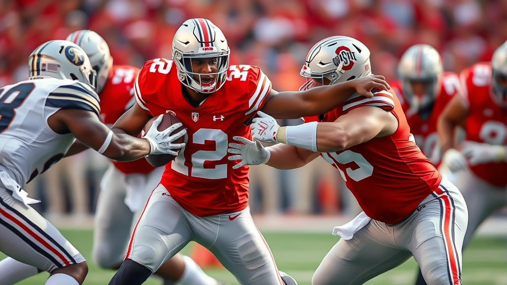 Elite defensive lineman in scarlet Ohio State uniform executing pass rush technique against opposing offensive lineman, explosive contact capture, game day intensity