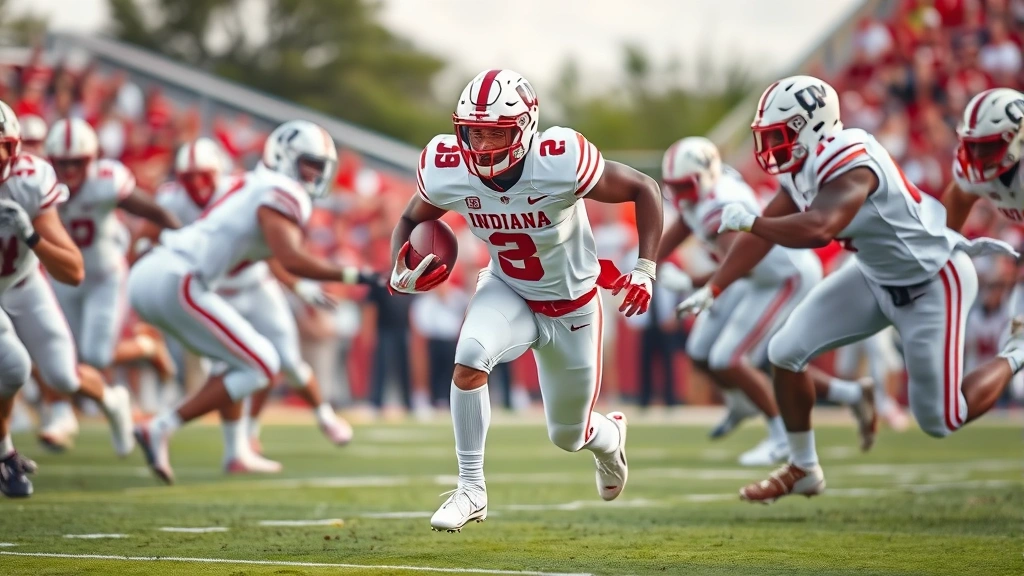 Running back in white Indiana uniform breaking through defensive line with blockers engaging, open field running, momentum captured mid-stride during live game action