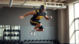 Athletic male college football player in Iowa Hawkeyes uniform performing explosive box jump in modern gym facility with dumbbells and weight plates visible in background, dynamic motion captured mid-jump
