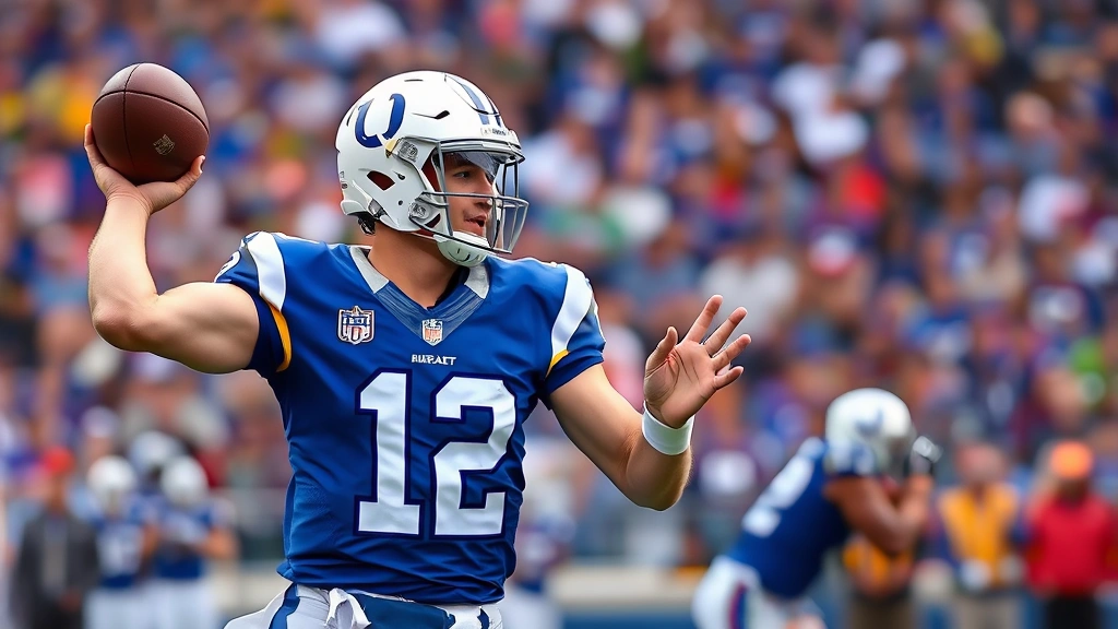 Professional football quarterback in blue and white uniform throwing football mid-game with intense focus, stadium crowd blurred background, high-quality sports photography