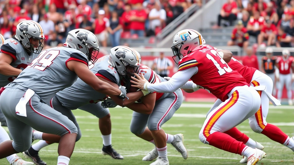 Defensive line players in gray and scarlet uniforms executing gap control and tackling technique during live football game, action shot showing athletic intensity