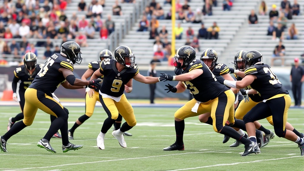 Football team in black and gold uniforms executing offensive play with quarterback handing off to running back, field view showing coordinated execution and blocking scheme