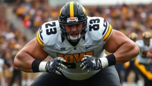Muscular defensive lineman in Iowa Hawkeyes uniform executing gap control technique, intense facial expression, low athletic stance, stadium background blurred, photorealistic action shot