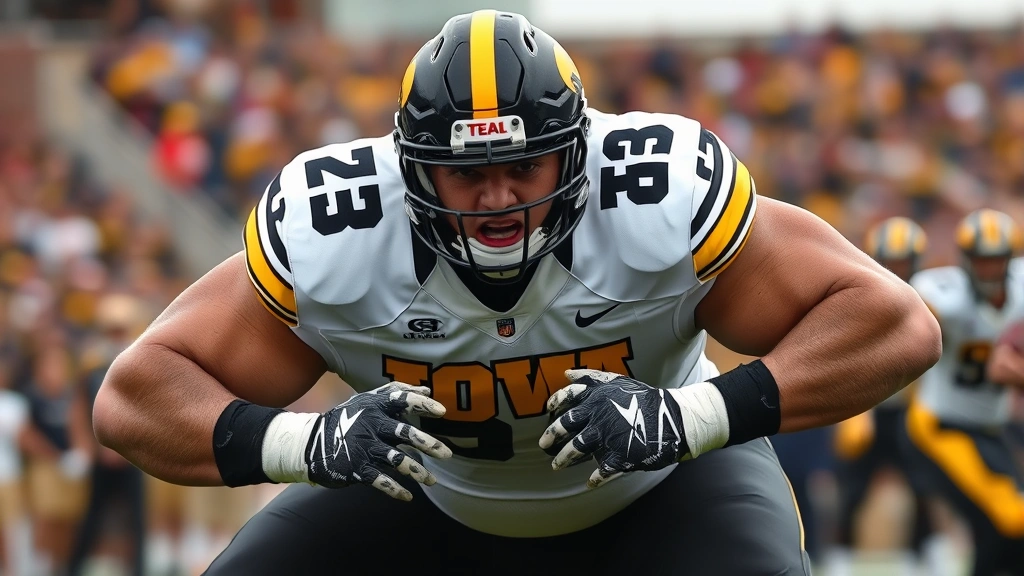 Muscular defensive lineman in Iowa Hawkeyes uniform executing gap control technique, intense facial expression, low athletic stance, stadium background blurred, photorealistic action shot