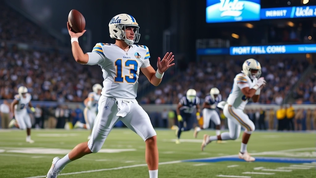 UCLA Bruins quarterback mid-throw during game action, athletic form, receivers visible downfield, defensive pressure approaching, dynamic movement capture, professional stadium lighting