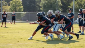 High school football players executing tackling drill on grass field, coaching staff observing in background, focused intensity, afternoon practice lighting