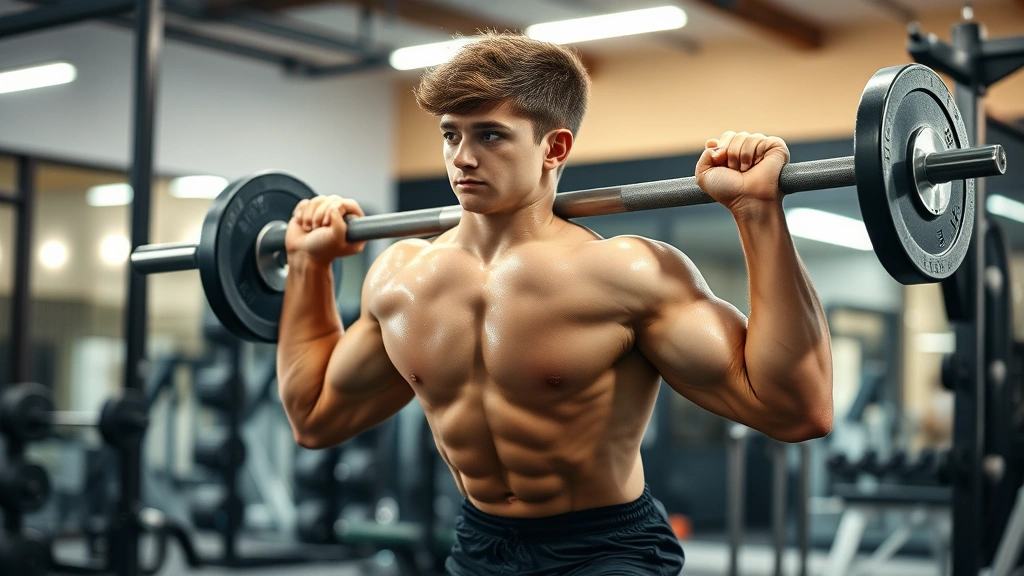 Athletic teenager performing explosive barbell back squat with proper form in modern gym, intense focus, sweat visible, bright lighting, muscular development evident