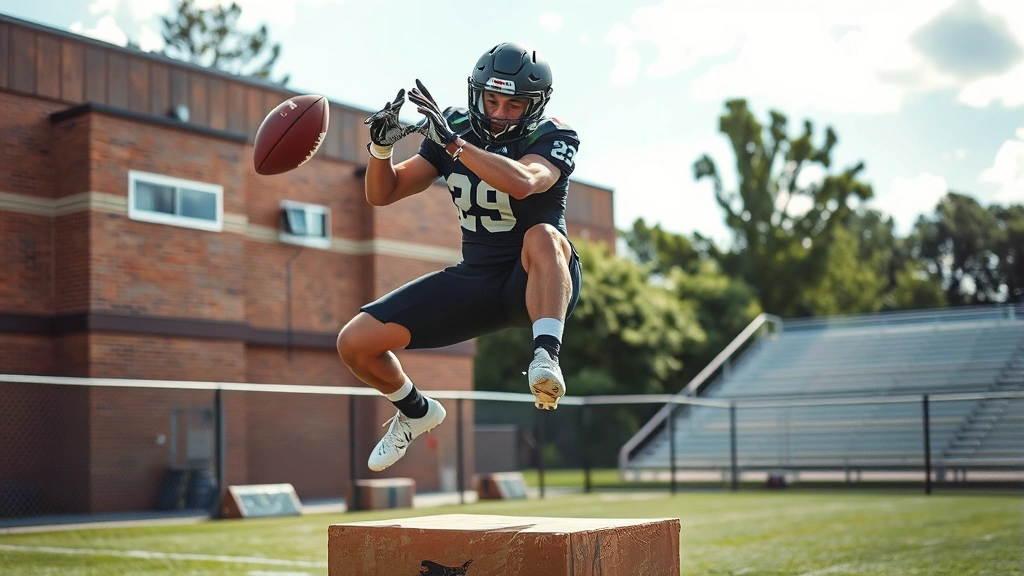 High school football player executing powerful box jump exercise outdoors, dynamic mid-air position, athletic build, summer conditioning setting, explosive movement captured