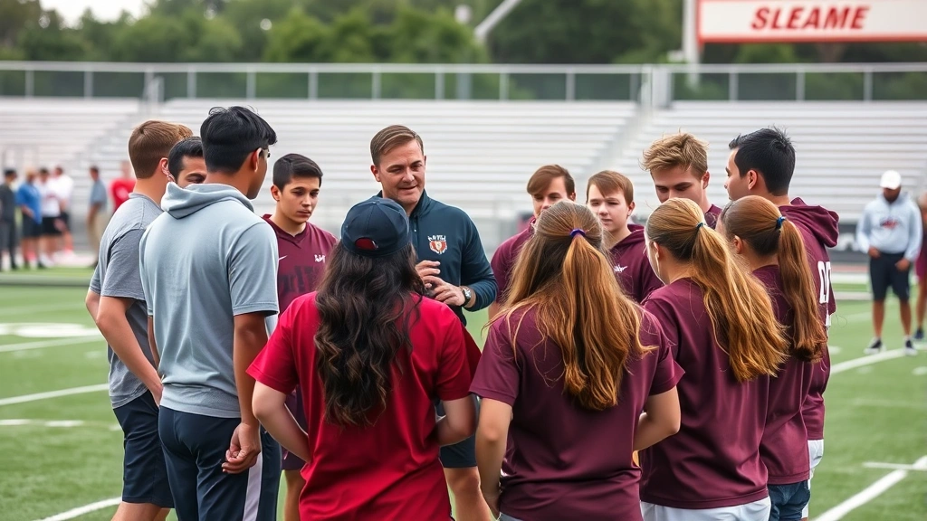 Team huddle with coach gesturing strategy, diverse group of teenagers listening intently, football field visible, stadium bleachers blurred background, leadership moment