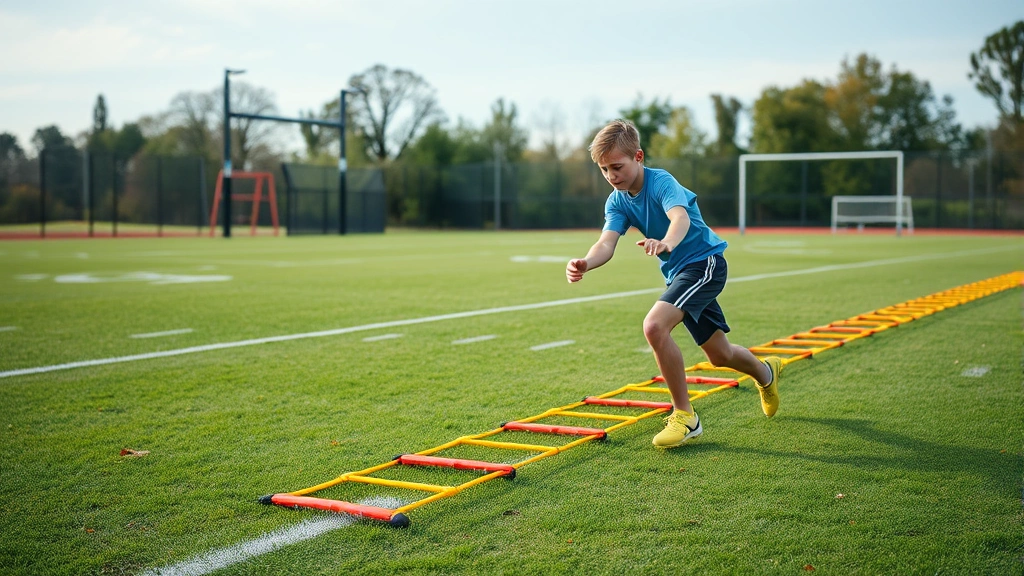 Young athlete performing lateral agility ladder drill on grass field, sharp cutting movement, focused expression, athletic uniform, conditioning work demonstration