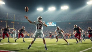 High school football quarterback throwing pass during intense playoff game, stadium lights bright, defenders approaching, action shot, photorealistic, dynamic movement