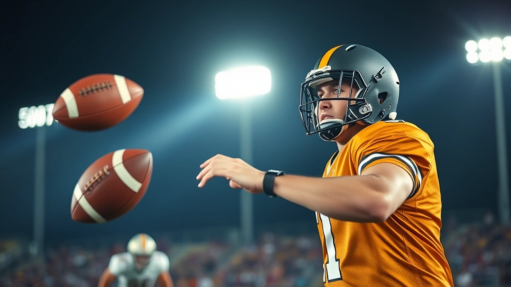 High school quarterback throwing football during night game under stadium lights, focused intense expression, ball in mid-air trajectory, defender approaching, photorealistic action shot