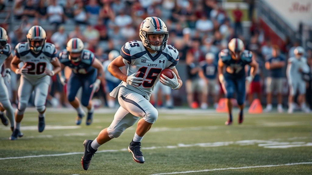 Young male athlete in football uniform running with ball during game, defenders attempting tackles, crowd blurred in background, dynamic movement captured mid-stride, evening stadium lighting