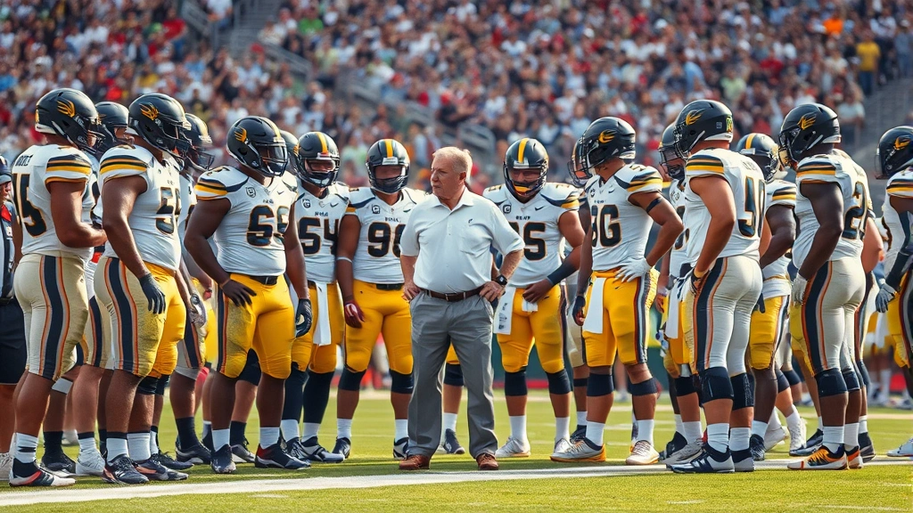 Football team huddle on sideline during timeout, coach gesturing with players listening intently, determination visible on faces, stadium background, photorealistic sports moment