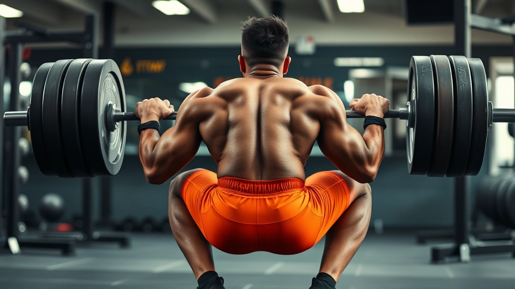 Powerful football player performing heavy barbell back squat with perfect form, deep depth, controlled descent, athletic stance, gym setting