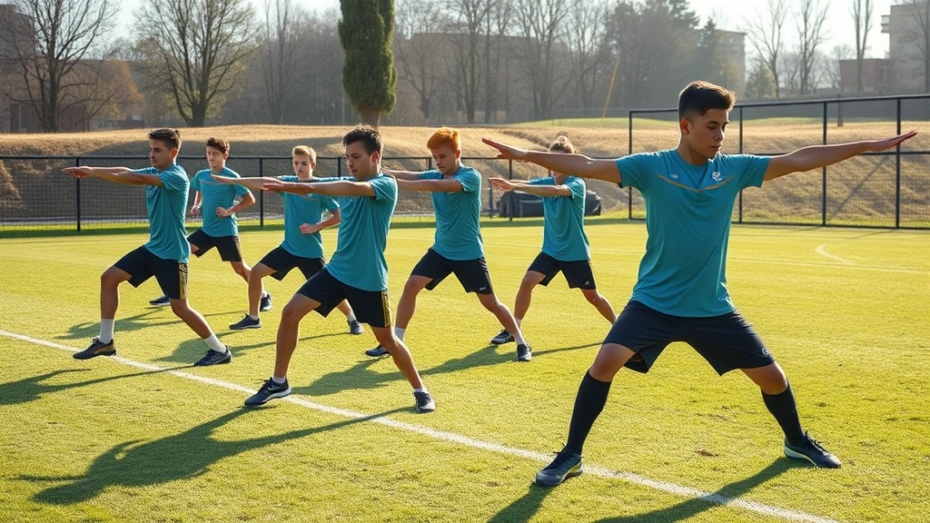 Team of young athletes performing dynamic stretching and mobility work on grass field, proper form, warm-up preparation, morning sunlight