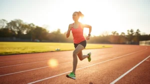 Athletic woman performing high-intensity interval training sprinting on outdoor track with intense focus and motion blur, morning sunlight, motivational energy