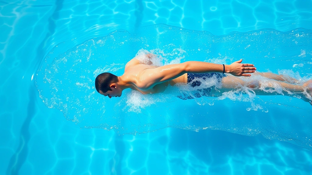 Fit person swimming freestyle stroke in crystal clear lap pool, strong form and engagement, water droplets, professional swimming technique