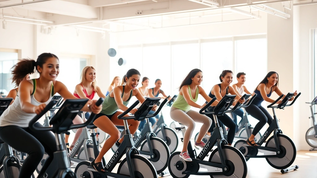 Group of diverse individuals cycling on stationary bikes in bright fitness studio, engaged and energized expressions, modern equipment, natural daylight