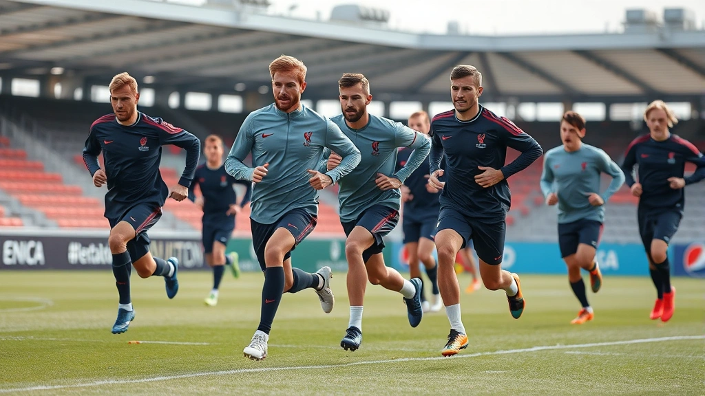 Elite European football players performing high-intensity interval training on grass field, sprinting at maximum effort with determination, athletic wear, professional stadium background, dynamic motion captured
