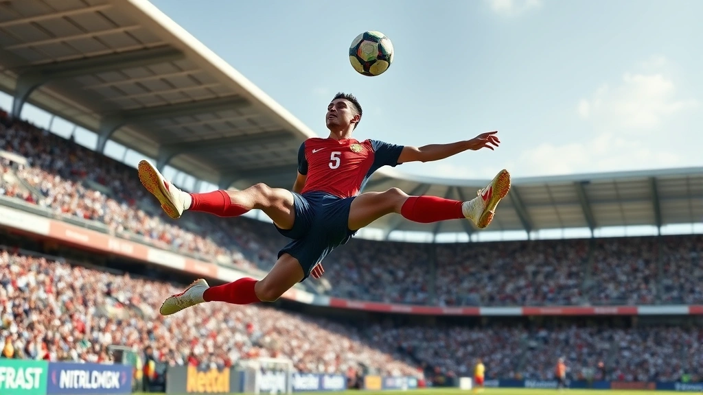 National team footballer executing powerful jump for header, demonstrating explosive leg strength and vertical power, mid-air motion, focused expression, professional football stadium setting, clear daylight