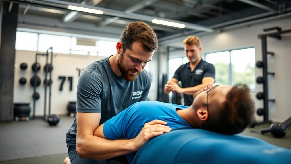 Recovery and conditioning session showing footballer receiving sports massage therapy from medical staff, modern training facility environment, emphasis on injury prevention and athletic care protocols