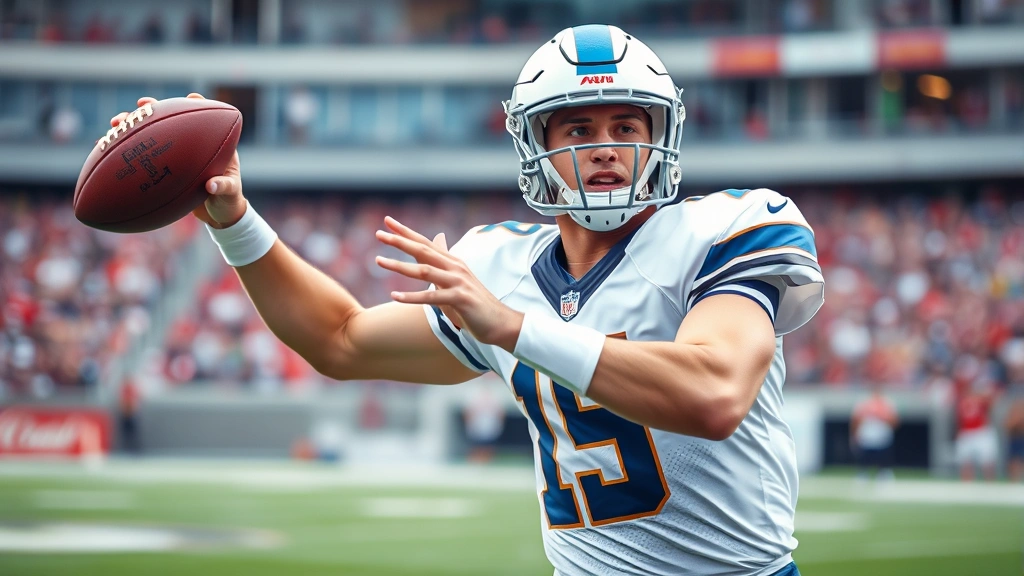 Professional athlete in football uniform executing perfect passing form during intense stadium game, sweat visible, focused facial expression, dynamic action shot with blurred background