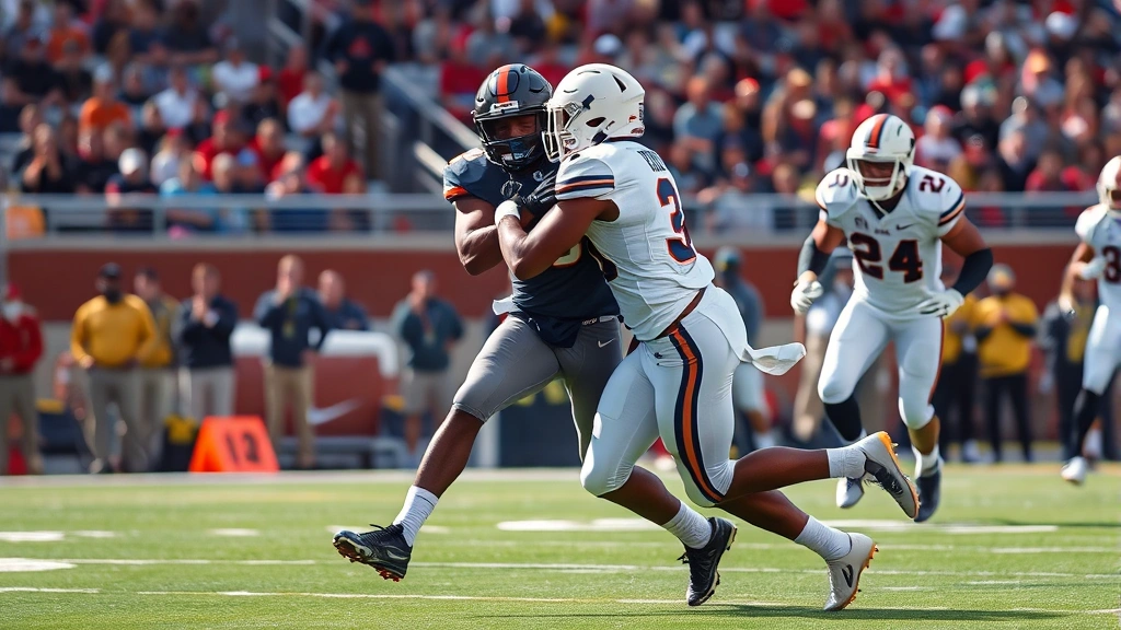 College football linebacker making aggressive tackle during live game action, perfect form, crowd visible in stadium background, intense competitive moment captured