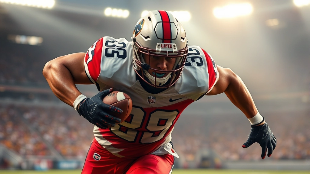 Elite football running back breaking through line with power and determination, muscles tensed, determination in eyes, stadium lights creating dramatic shadows