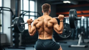 Athletic male performing barbell back squat in gym with perfect form, deep squat position, focusing on quadriceps and glute engagement, professional lighting, no text or labels visible