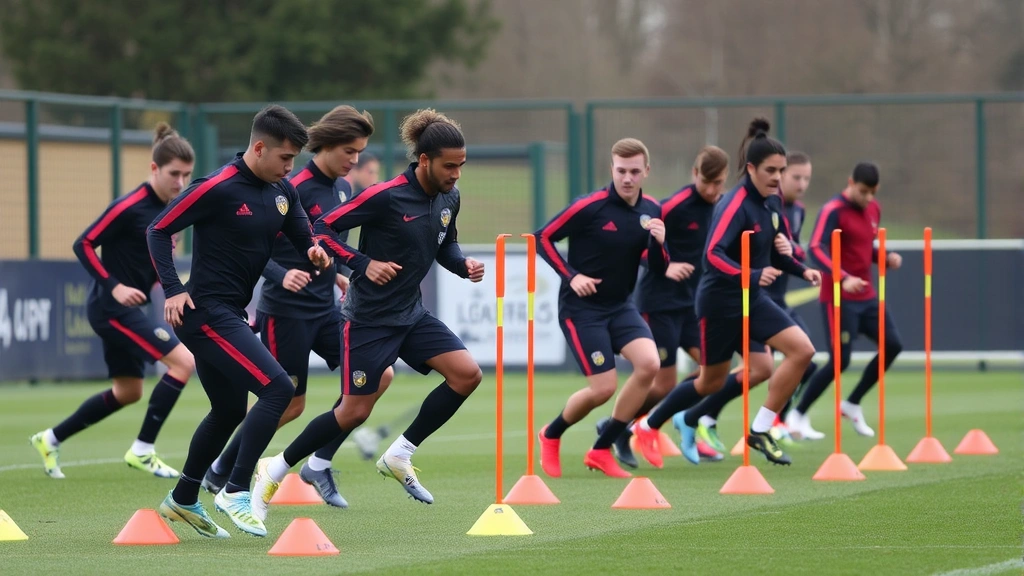 International football squad performing team-based conditioning drills with agility cones and ladder work, showing explosive movement and coordination, outdoor training pitch, professional coaching environment