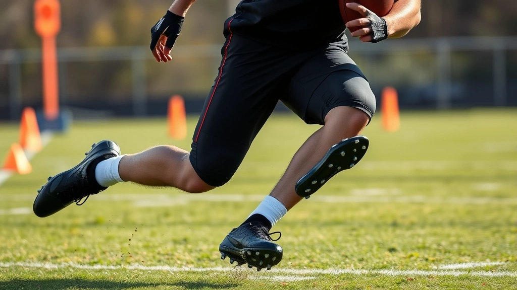 Athletic male football player in black cleats performing a sharp lateral cut drill at full speed on a grass field with cones, demonstrating explosive body control and low pad positioning, sweat visible, intense focus
