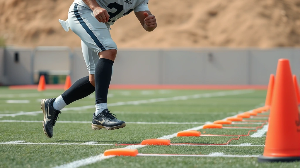 Football player performing a ladder agility drill with rapid foot placement, concentrated expression, training cones visible in background, outdoor athletic field setting, demonstrating footwork precision and coordination