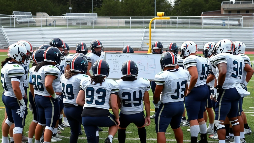 High school or college football team gathered in huddle during timeout, coaches drawing up plays on whiteboard, players attentively listening with focused expressions