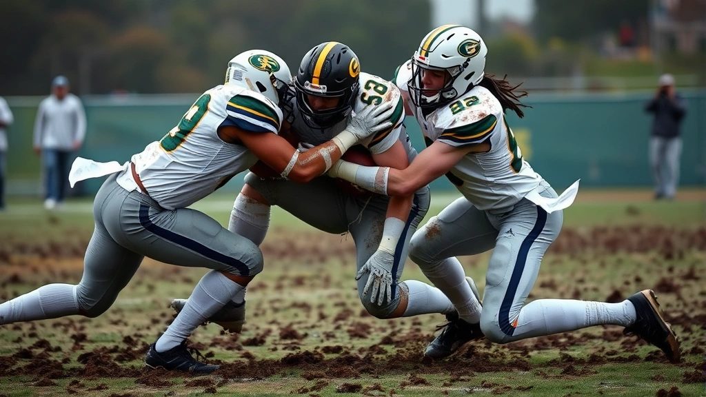 Football defensive players in action executing tackle, two defenders converging on ball carrier with precise gap assignments, muddy field showing competitive intensity