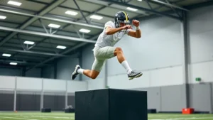 Athletic football player performing explosive box jump with perfect form, dynamic motion captured mid-jump, intense focus, modern training facility background
