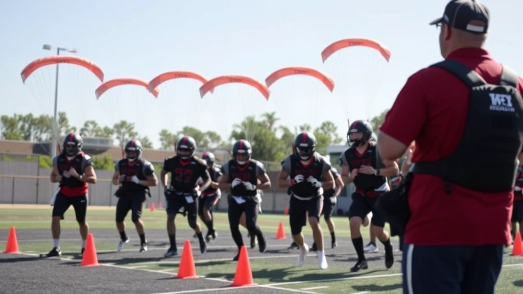Coach instructing multiple football athletes performing resisted sprint training with parachutes, explosive acceleration captured, outdoor field setting with cones