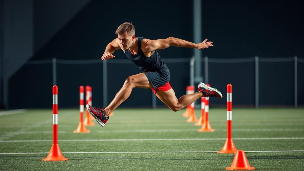 Athlete performing lateral bounds exercise with explosive power, mid-jump between cones, athletic movement, training field, muscular definition visible