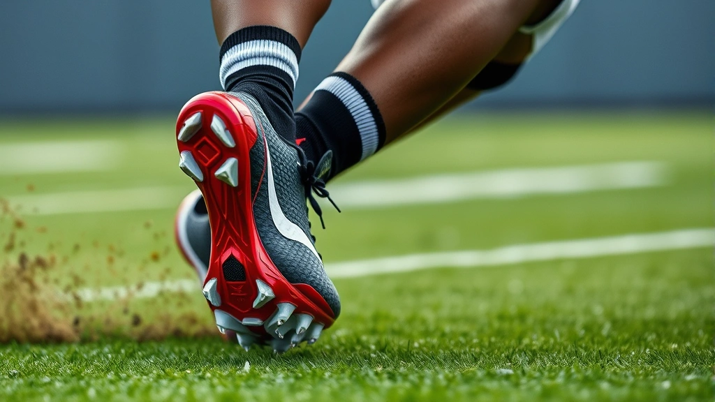 Professional football player wearing Jordan cleats performing explosive cutting movement on grass field, dynamic action shot with motion blur, athletic wear visible, photorealistic detail of cleat grip on turf