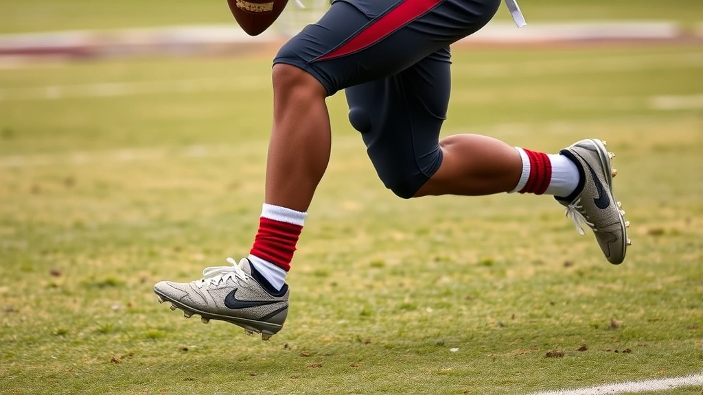 Athlete in football uniform performing high-intensity drill with Jordan cleats, lateral movement captured mid-motion, grass field setting, competitive intensity evident, photorealistic sports photography
